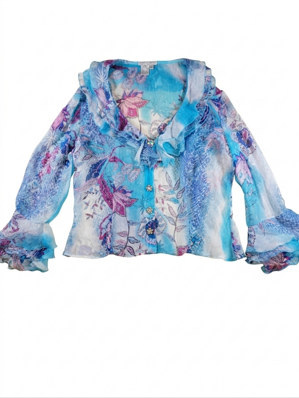 Alberto Makali Blouse M Tagged XL Silk Blue Floral Ruffle Bell Sleeve Coquette